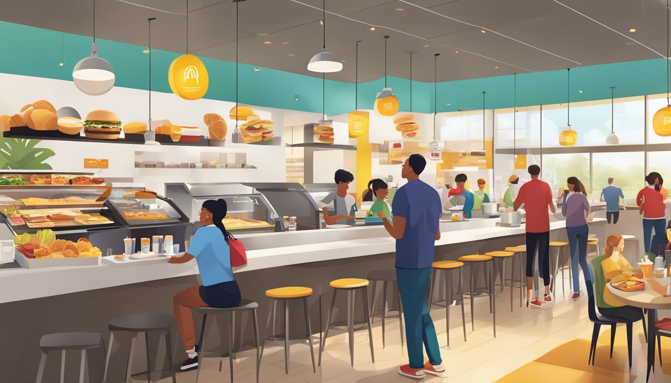 A bustling McDonald's breakfast area with a variety of new menu items, modern serving stations, and customers enjoying their meals