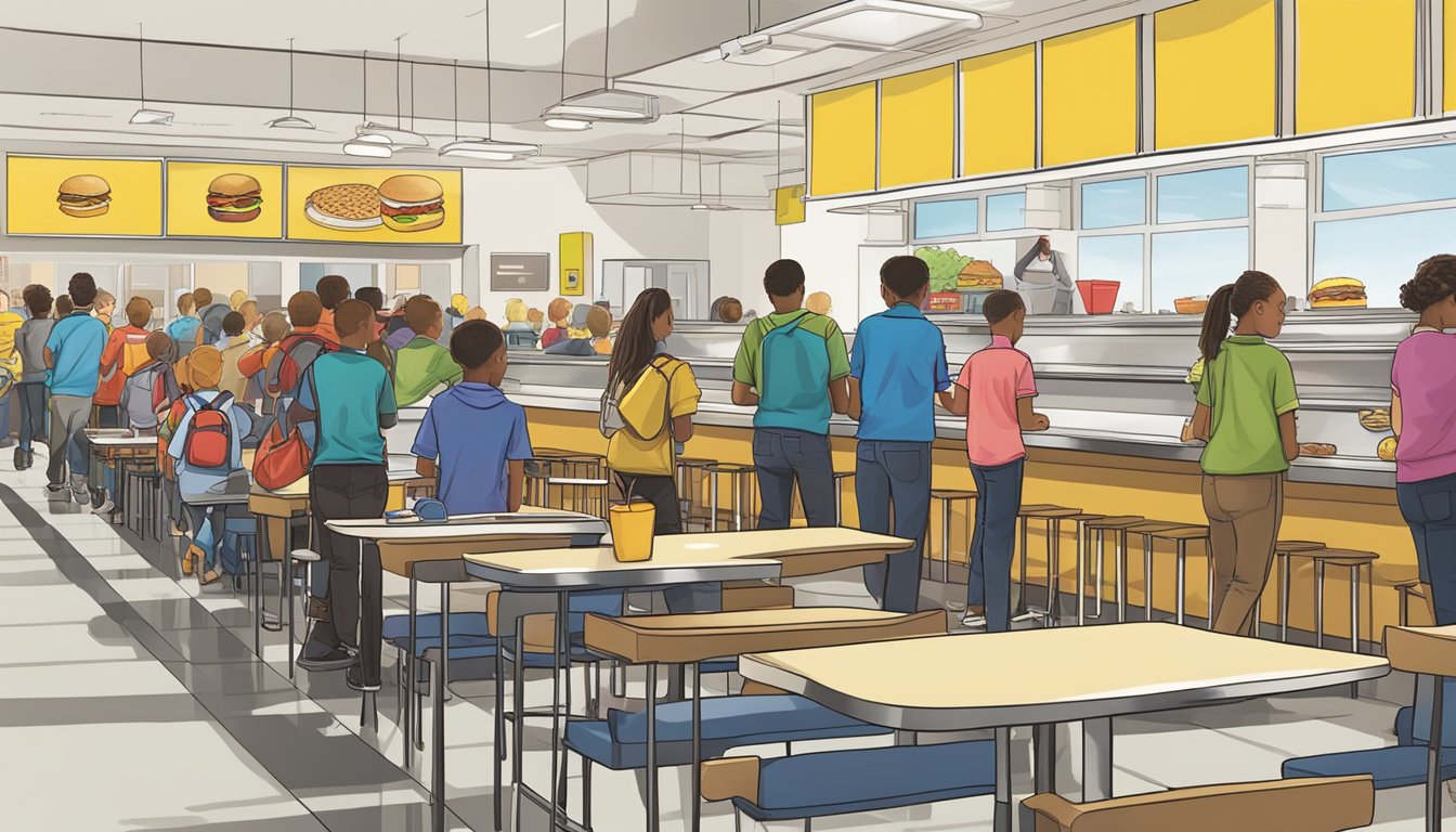 A school cafeteria with a large McDonald's breakfast advertisement prominently displayed, while students line up for breakfast