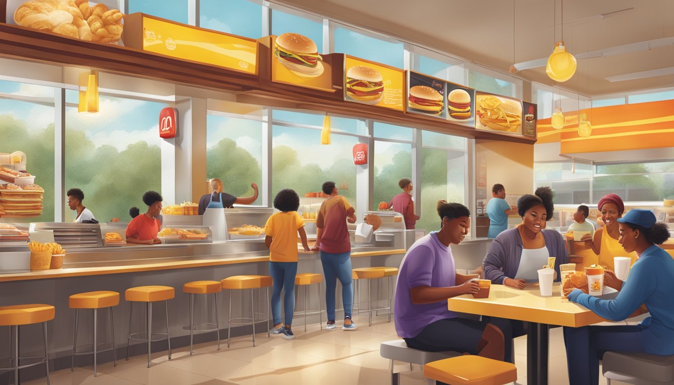 A bustling McDonald's breakfast scene with iconic menu items and recognizable branding, showcasing the consistency and cultural relevance of the fast-food giant's morning offerings