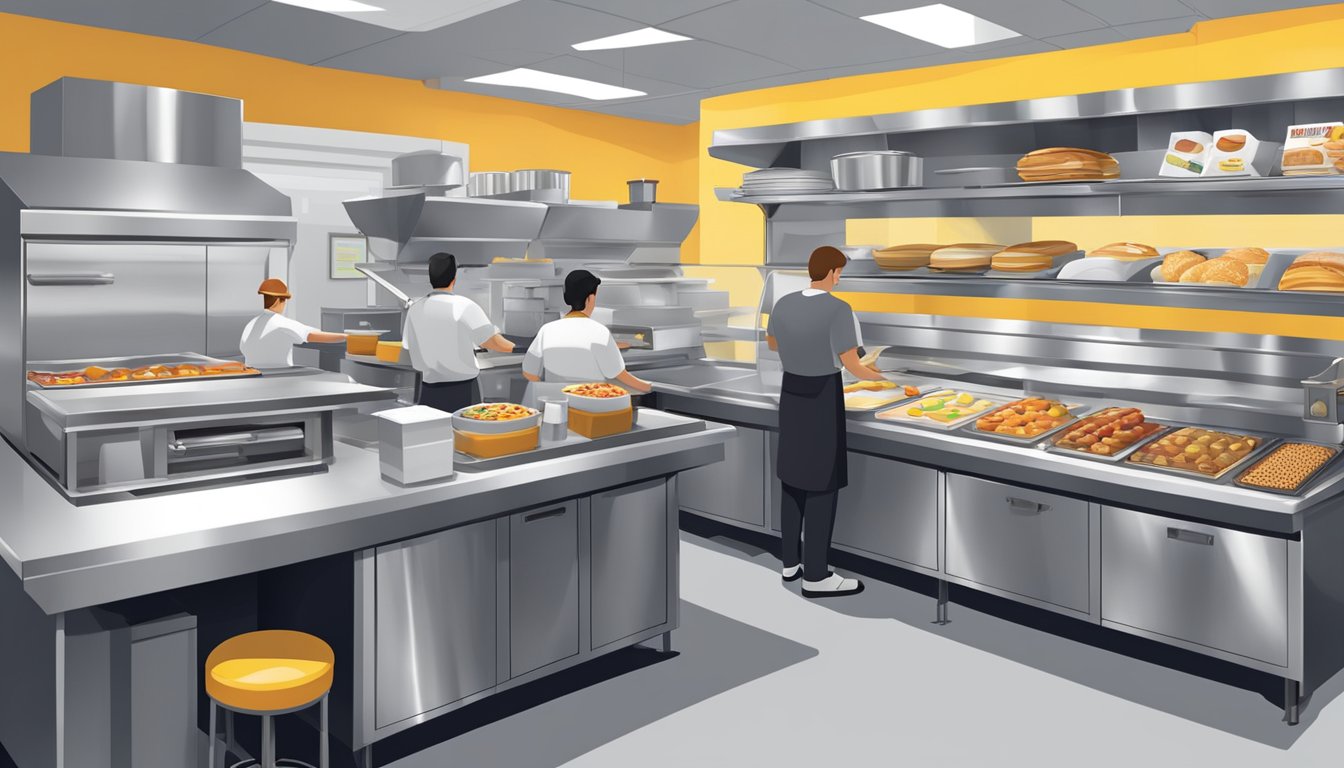 A bustling McDonald's breakfast kitchen with modern equipment and efficient processes. Staff members work seamlessly to prepare and serve popular breakfast items