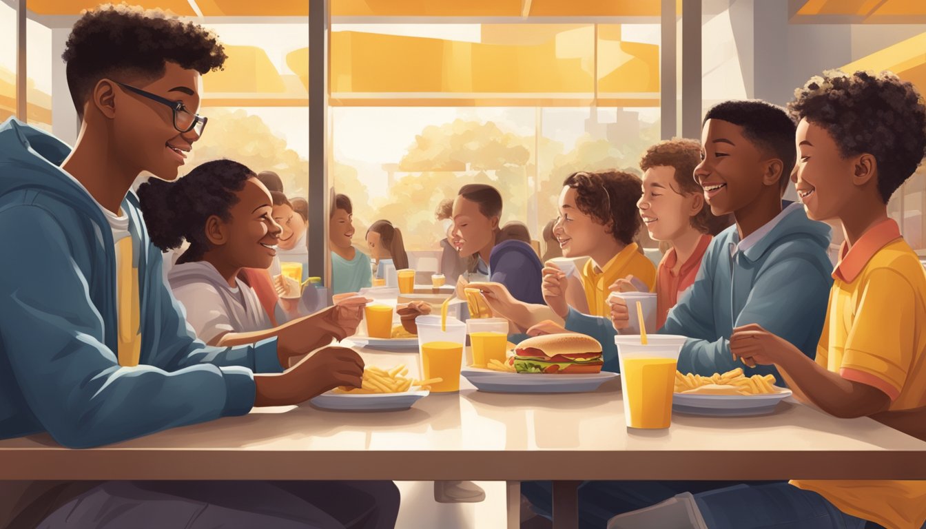 A group of students enjoying a balanced breakfast at McDonald's before heading to school, with a focus on the positive impact on their academic and cognitive performance