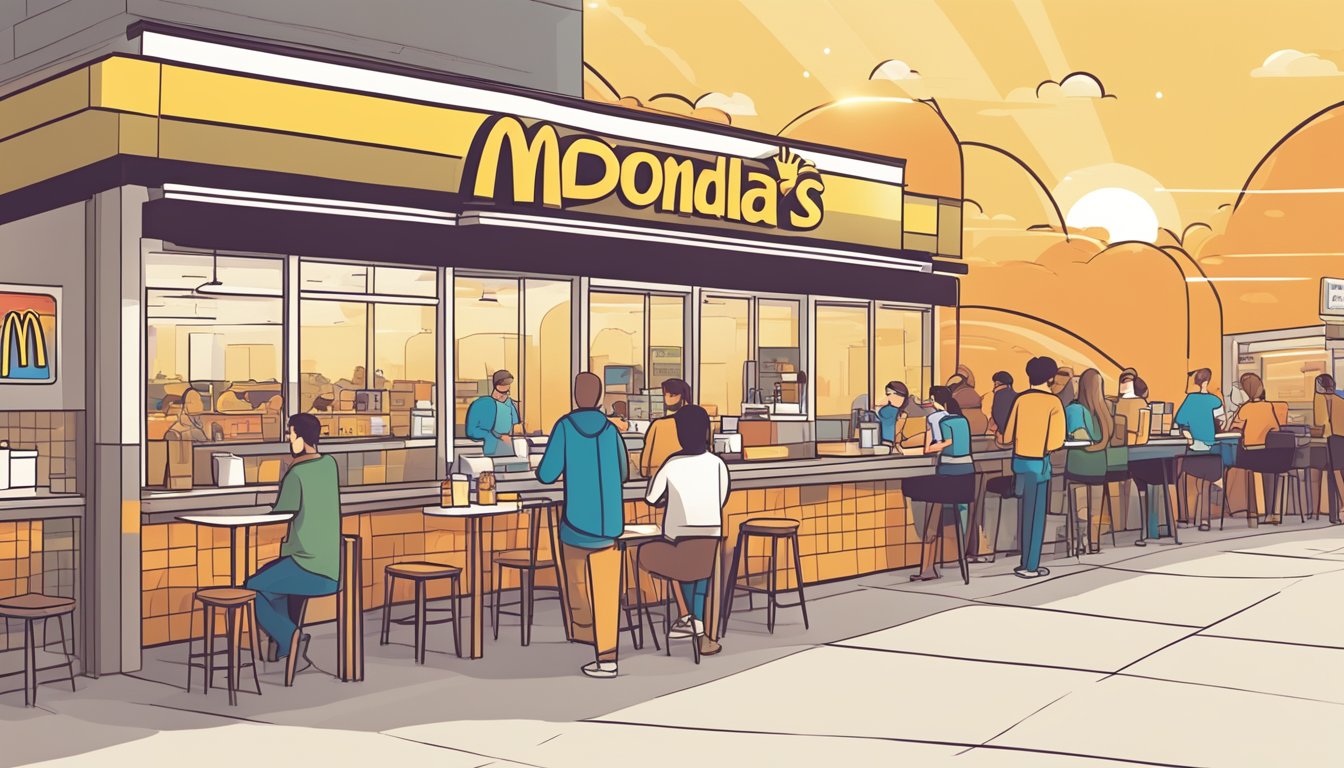 A sunrise over a McDonald's restaurant, with a line of customers consistently ordering breakfast items. A graph showing increasing sales and positive feedback