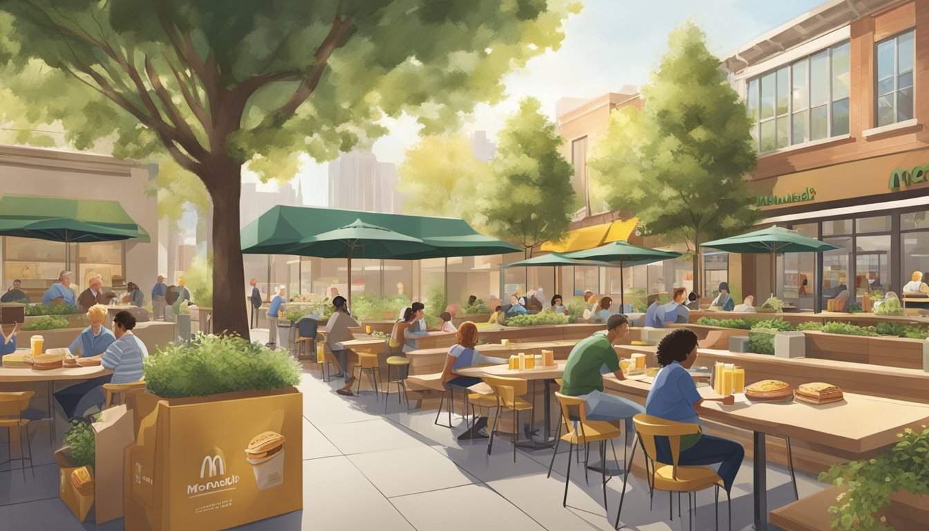 A bustling McDonald's breakfast scene with eco-friendly packaging and sustainable practices. Outdoor seating and greenery show a commitment to environmental policy