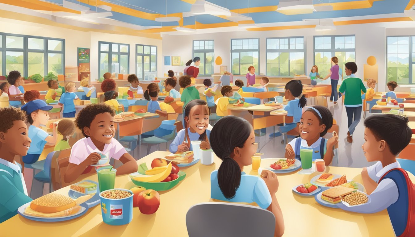 A school cafeteria with children enjoying a balanced breakfast, featuring fruits, whole grains, and dairy, alongside promotional materials from McDonald's