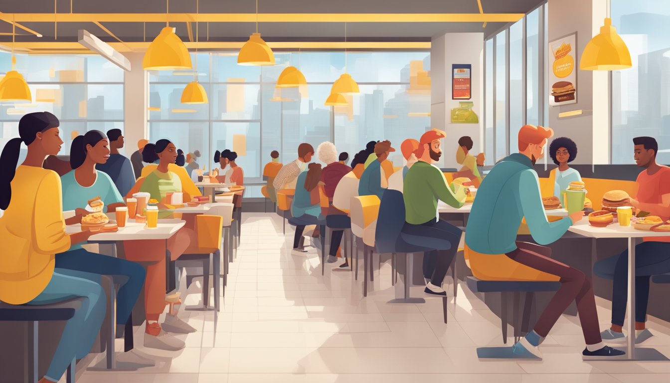 A bustling McDonald's breakfast scene with customers enjoying new menu items and engaging with digital loyalty programs