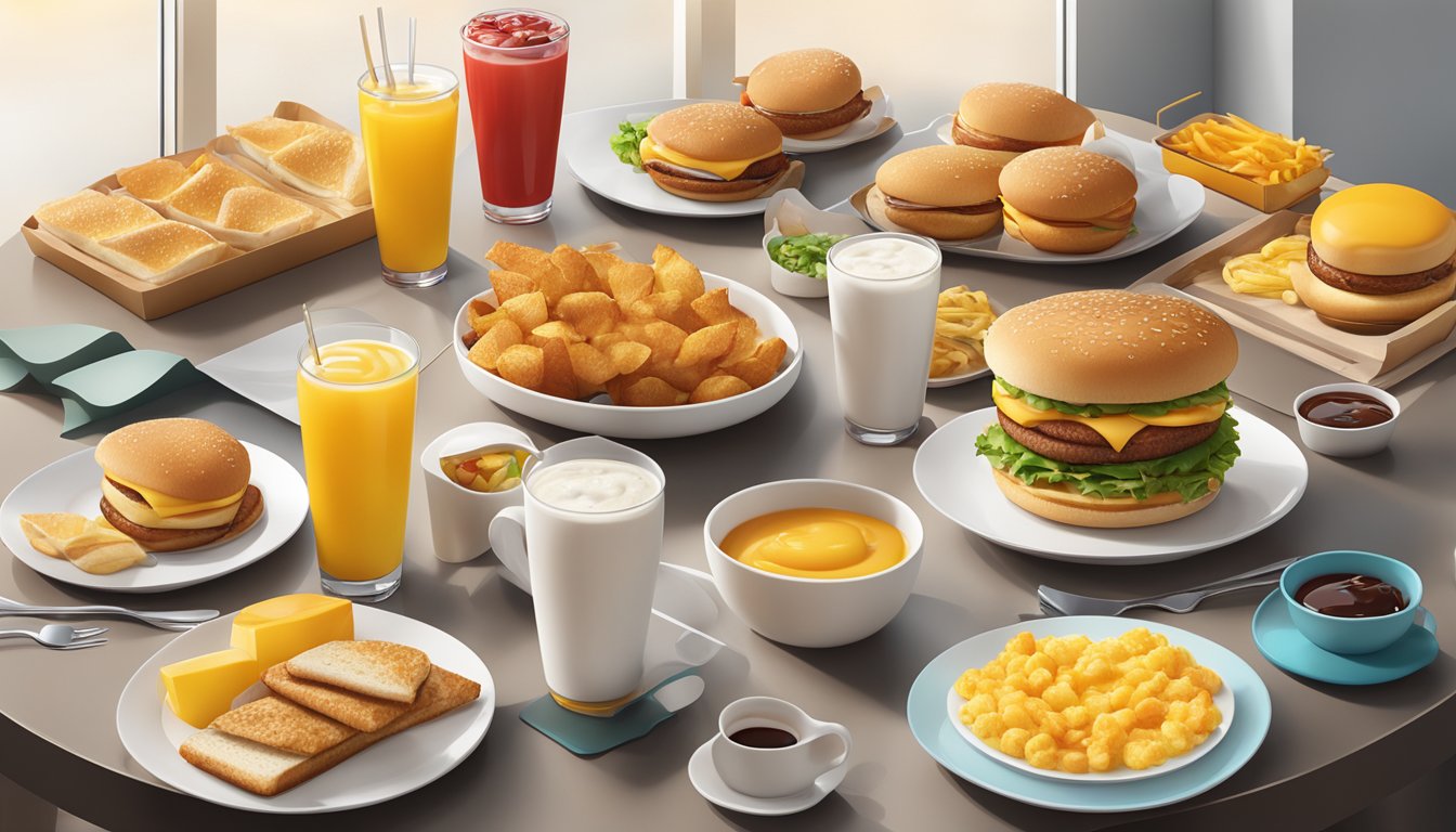 An inviting McDonald's breakfast spread with a variety of food items and beverages displayed on a modern, sleek table setting