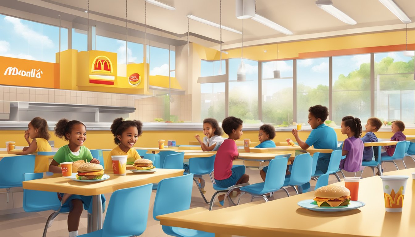 A school cafeteria with children enjoying a nutritious breakfast, while McDonald's logo looms in the background