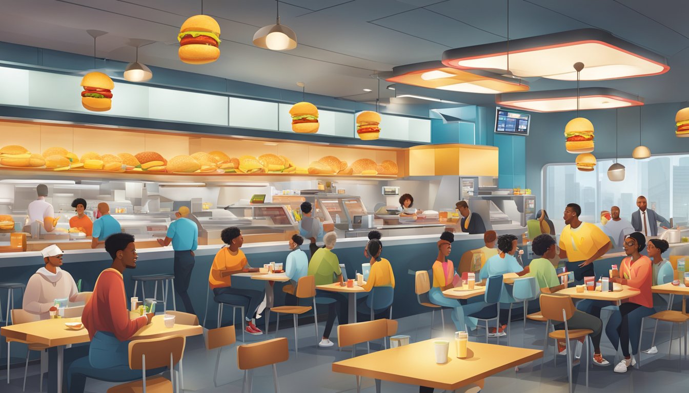 A bustling McDonald's breakfast scene with futuristic technology and diverse customers