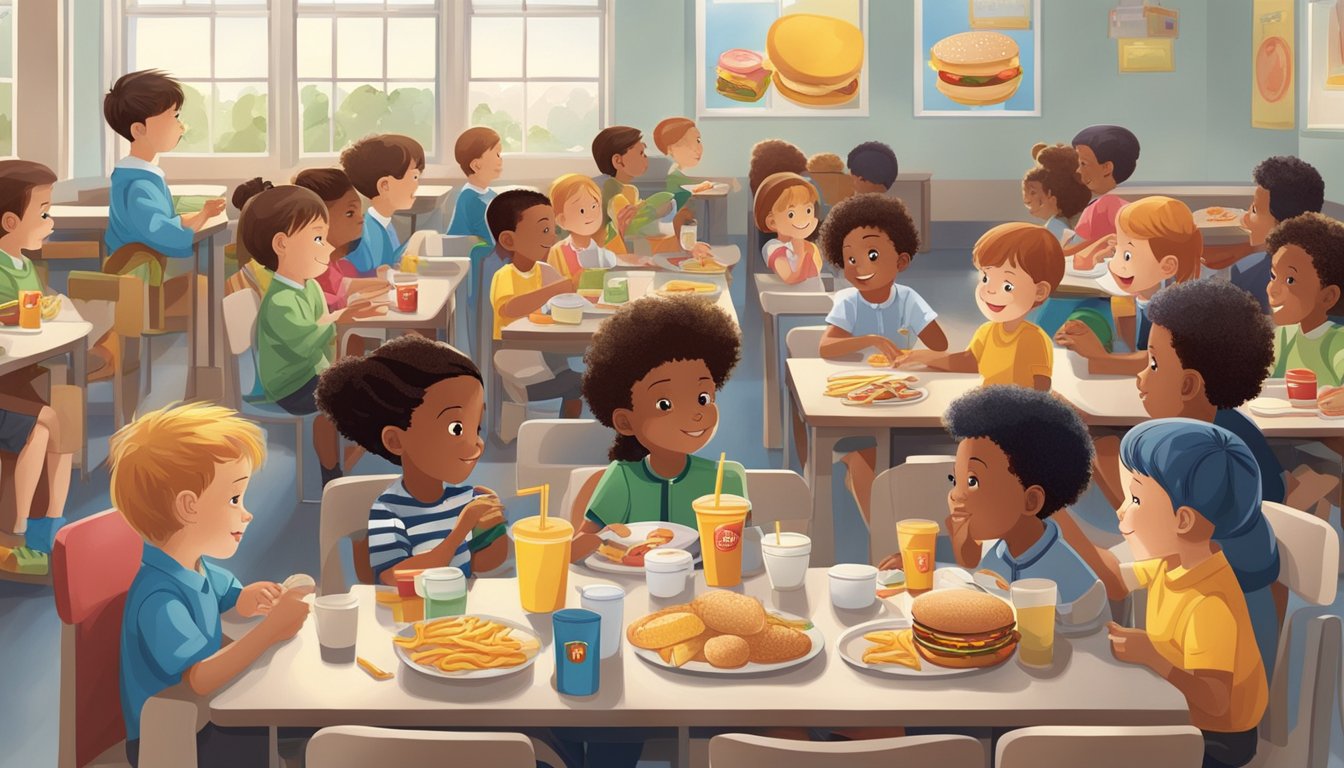 A group of children enjoying a nutritious breakfast at school, with McDonald's breakfast items prominently featured in the scene