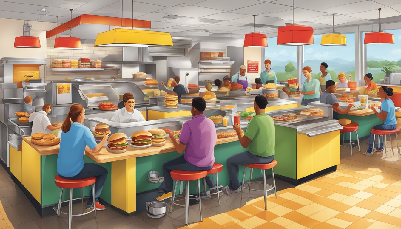 A bustling McDonald's breakfast rush with iconic menu items, influencing home cooks in their kitchens