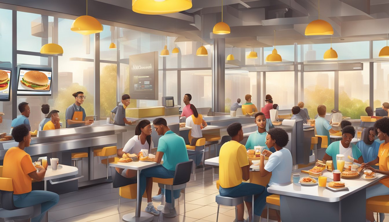 A bustling McDonald's breakfast scene with modern technology and futuristic elements