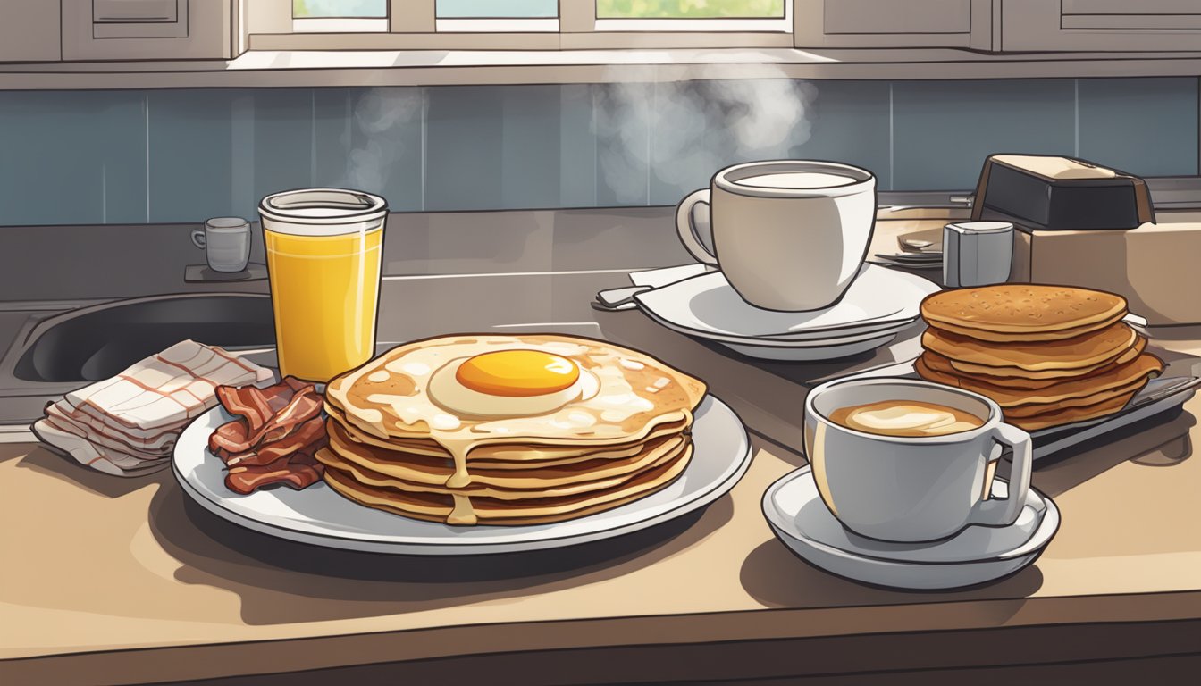 A cozy kitchen with a sizzling skillet of eggs, bacon, and pancakes next to a steaming cup of coffee, while a McDonald's breakfast bag sits on the counter