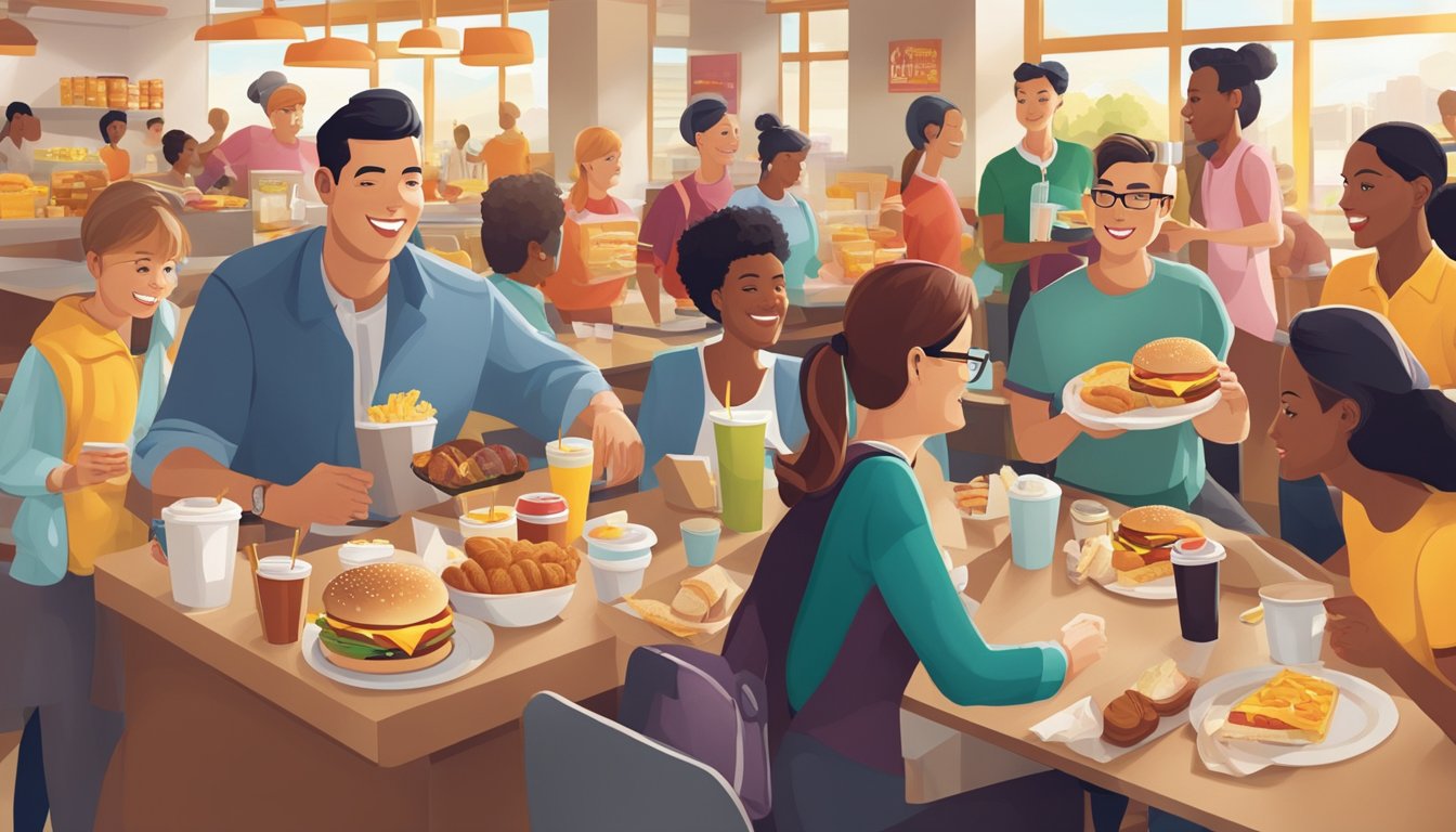 A bustling McDonald's breakfast scene with various food items and customers representing different dietary trends