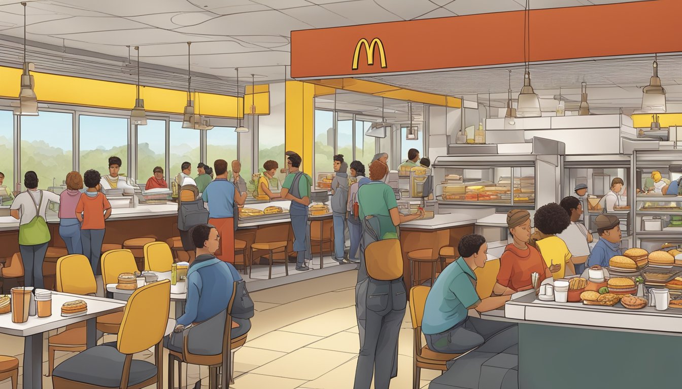 A busy McDonald's breakfast service with a line of customers, employees preparing and serving food, and the iconic golden arches in the background