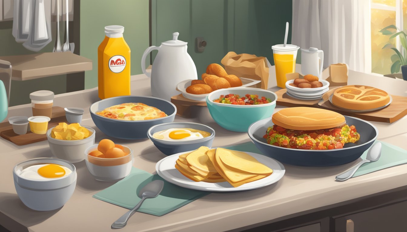 A cozy kitchen with a table set for breakfast, featuring a spread of homemade dishes and a McDonald's breakfast bag on the counter