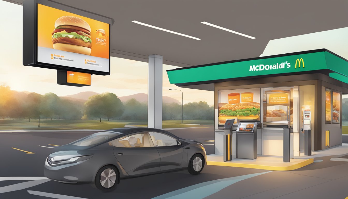 The sunrise illuminates a sleek, high-tech drive-thru lane at McDonald's, where a digital menu board and advanced order kiosks streamline the breakfast ordering process