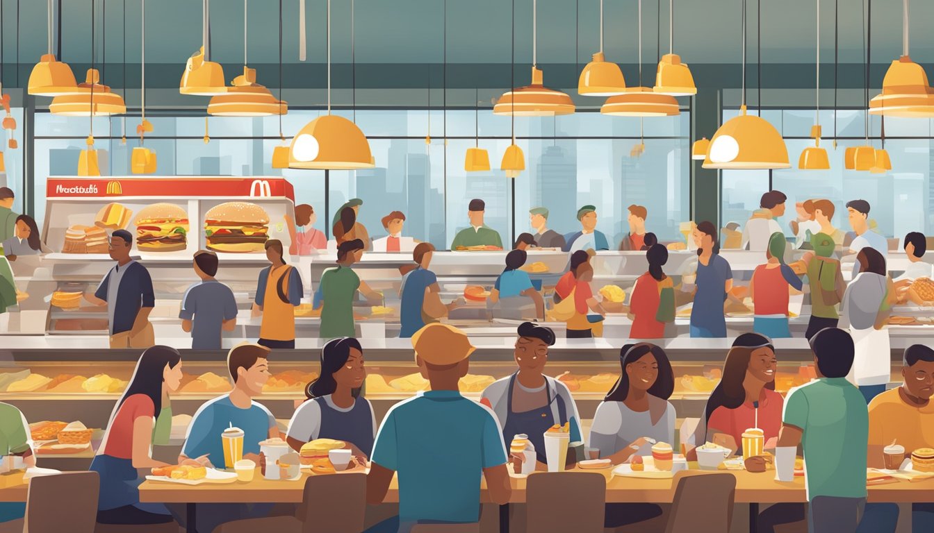 A bustling McDonald's breakfast menu with diverse food items and a crowd of customers eagerly ordering their morning meals