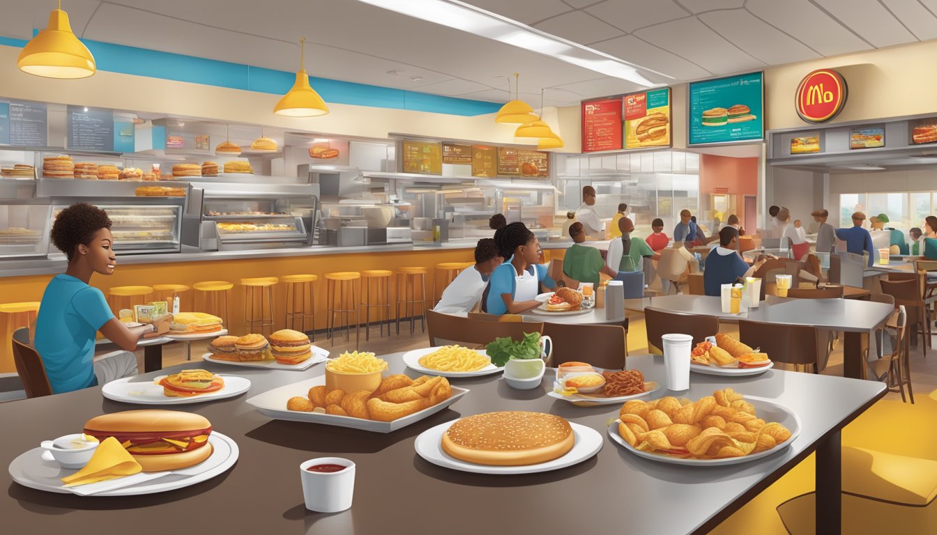 A bustling McDonald's breakfast scene with diverse regional menu items and cultural influences reflected in the decor and food offerings