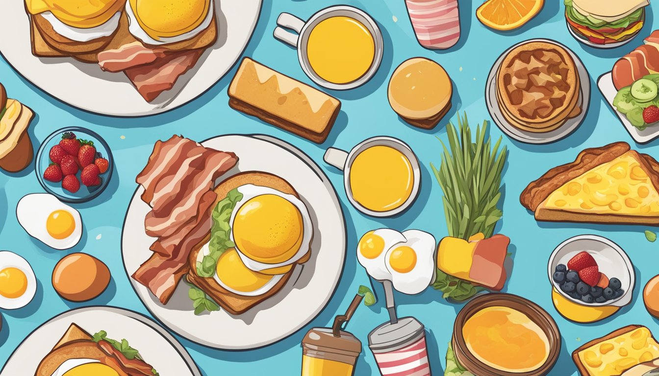 A colorful spread of breakfast foods, including eggs, bacon, and fruit, arranged on a table with a McDonald's logo prominently displayed