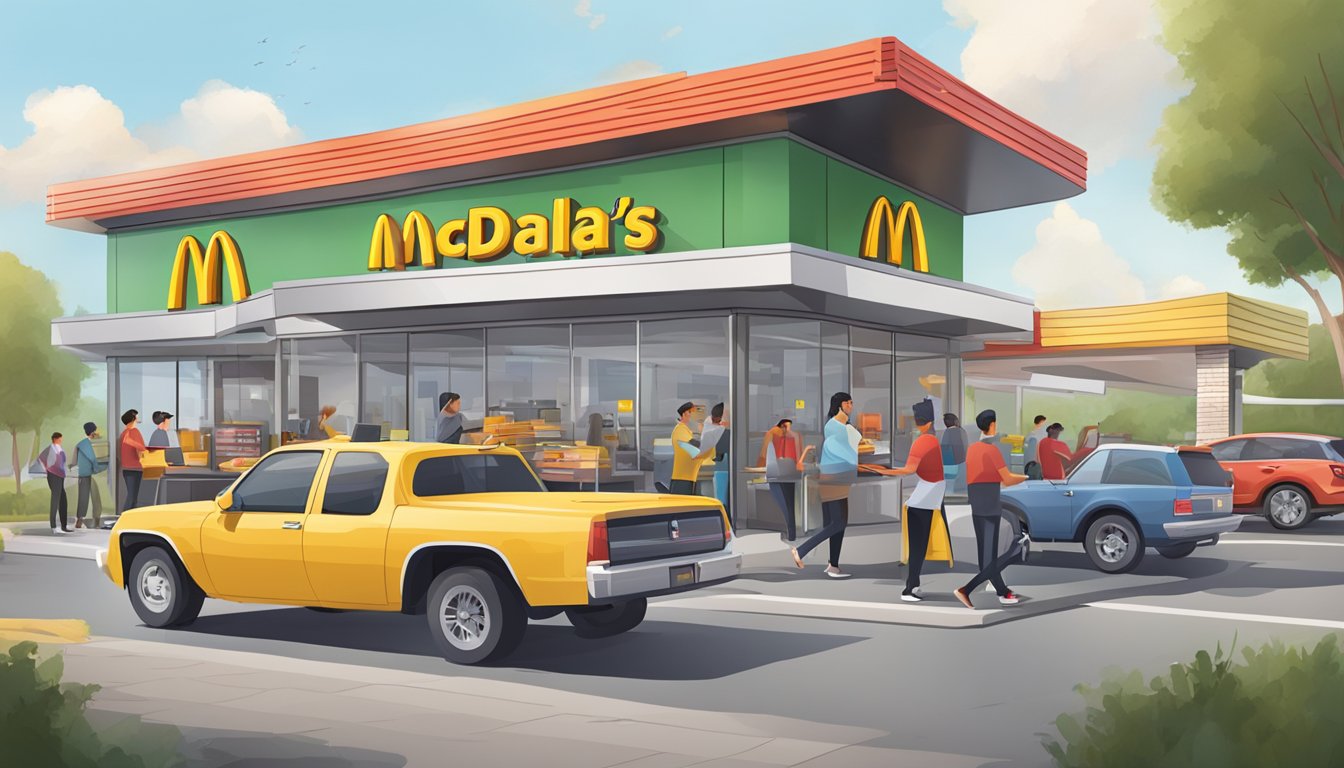 A busy McDonald's drive-thru with modern technology and surrounding competitors