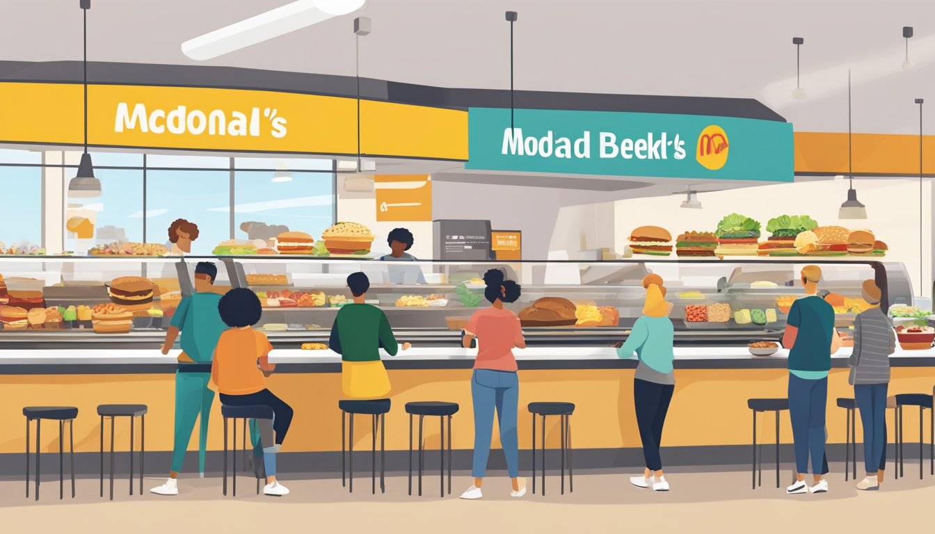 A bustling McDonald's breakfast counter with a diverse array of food options, including plant-based and gluten-free choices, as customers line up with varying dietary preferences