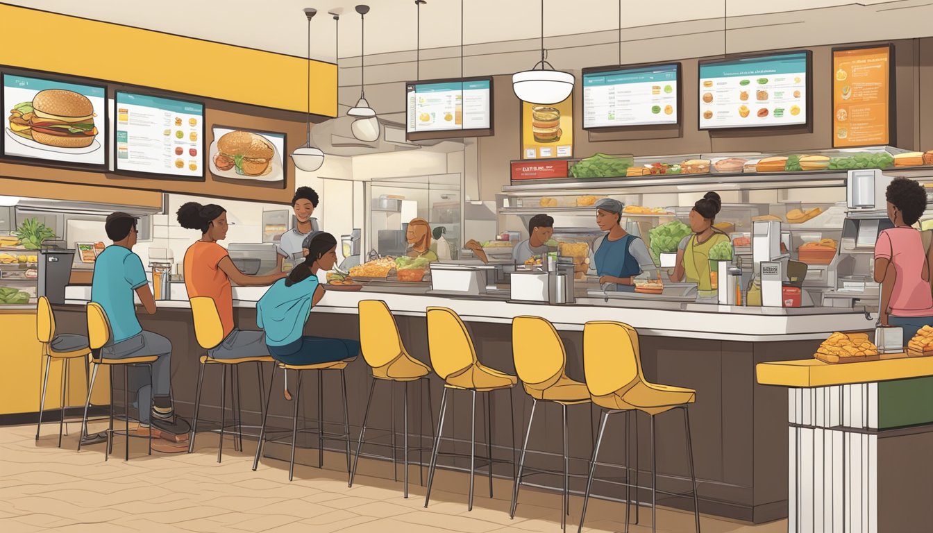 A busy McDonald's breakfast counter with a variety of healthy and trendy menu items displayed, while customers interact with enthusiastic staff