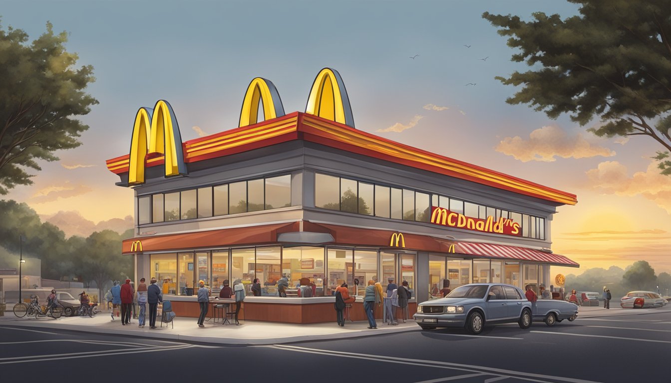 Customers flock to McDonald's for breakfast, while local diners and cafes struggle to compete. The iconic golden arches stand out against the morning sky