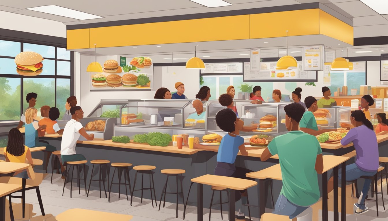 A bustling McDonald's breakfast scene with a variety of plant-based options prominently featured on the menu board and in the hands of satisfied customers