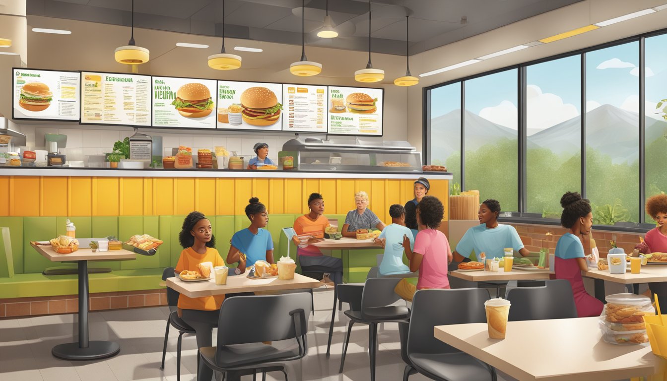 A bustling McDonald's breakfast scene with a variety of plant-based options displayed on the menu board