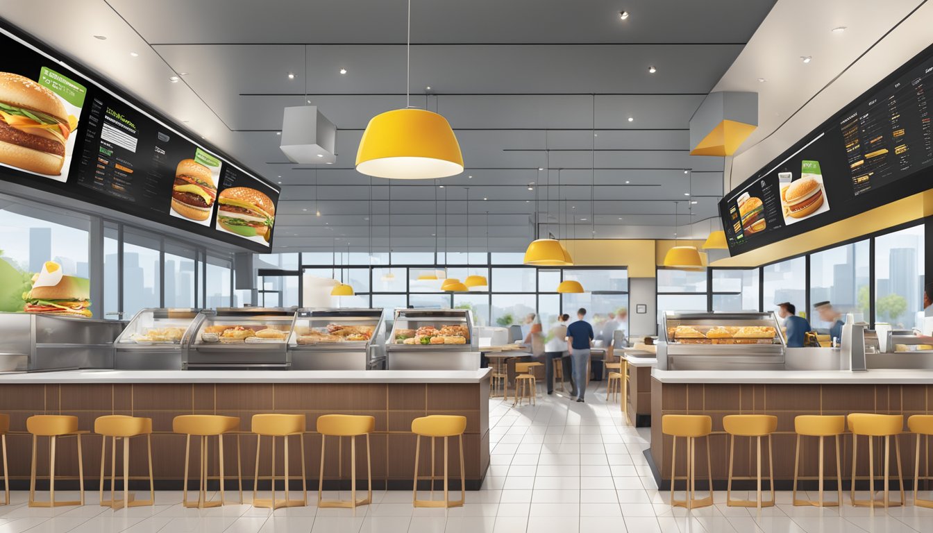 A bustling McDonald's breakfast scene with a modern, sleek restaurant design and global sales data displayed on digital screens