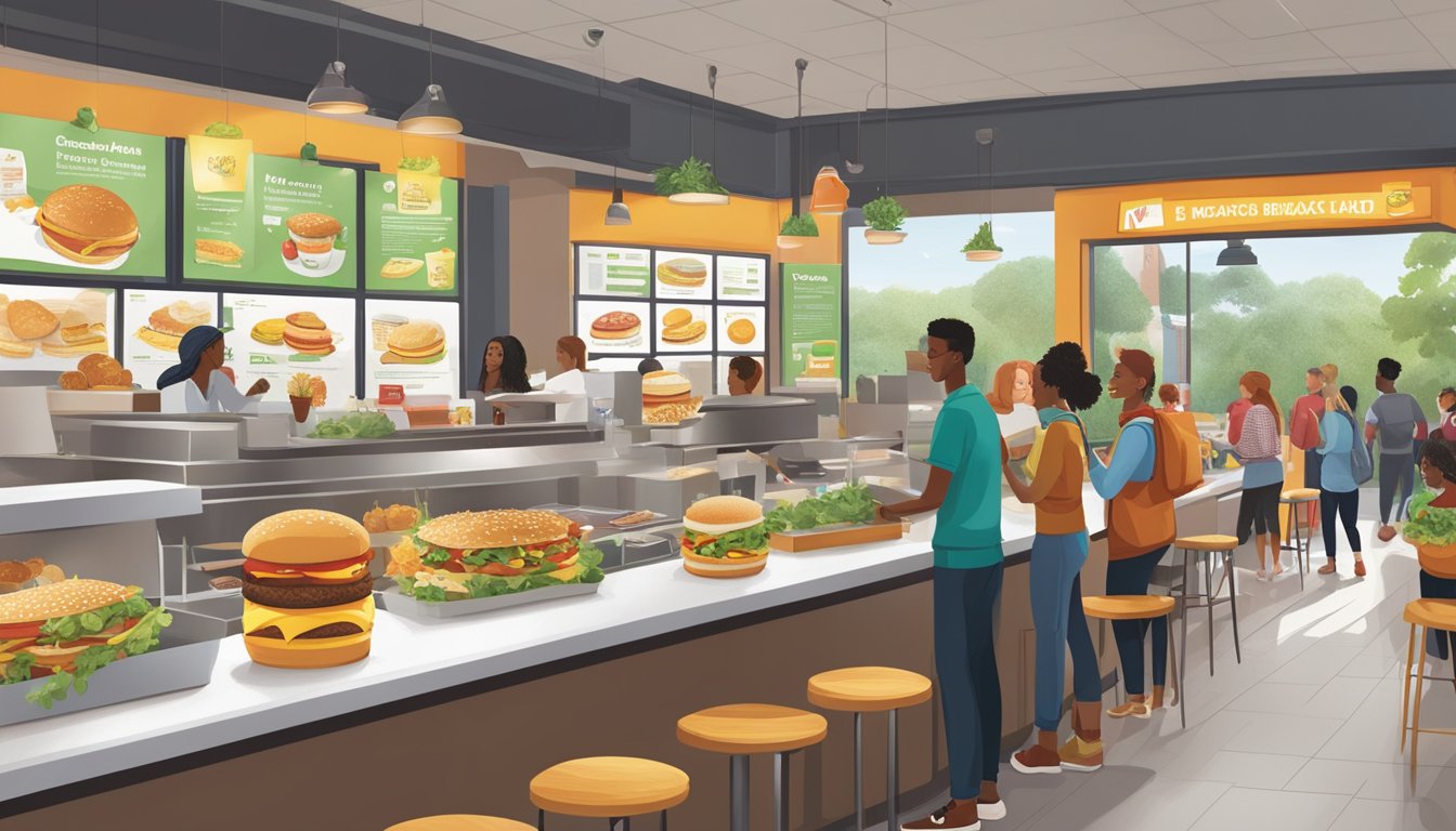 A bustling McDonald's breakfast scene with a diverse array of plant-based options displayed on the menu board, while customers interact with friendly staff