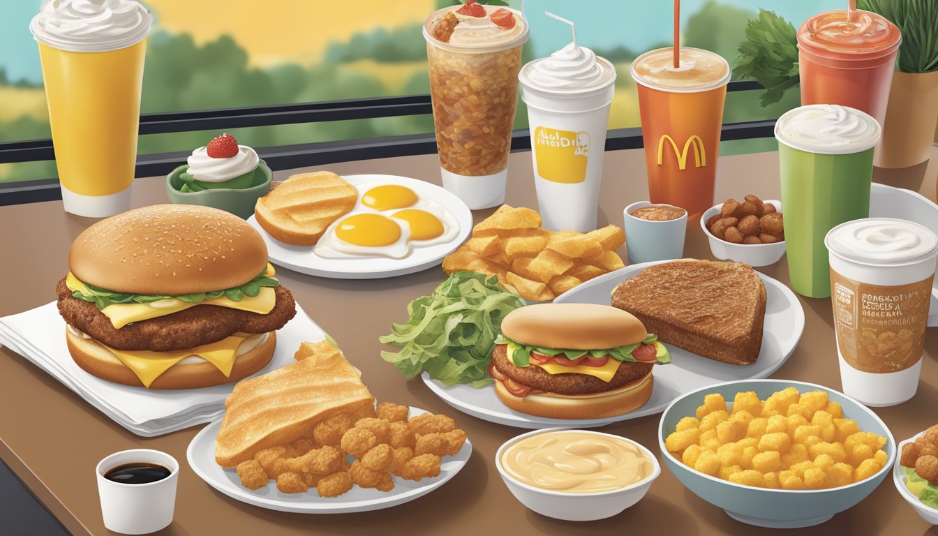 A bustling McDonald's breakfast scene with a variety of plant-based options displayed on the menu board, alongside traditional breakfast items