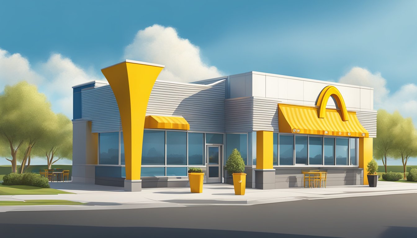 The iconic golden arches stand tall against a bright blue sky, welcoming customers to a modern fast-food restaurant with sleek, contemporary design