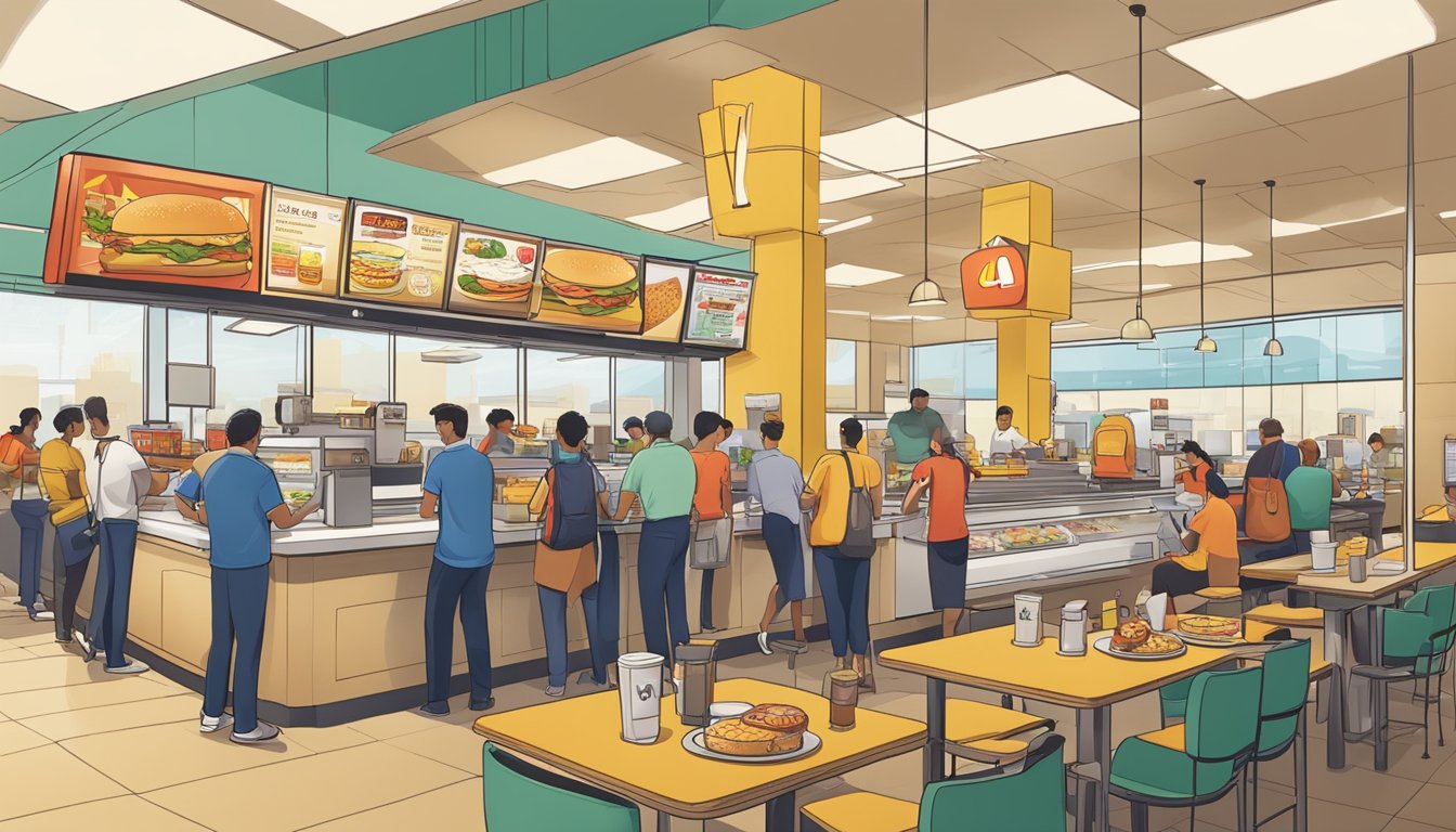 A bustling McDonald's restaurant with a clock showing different meal times, a line of customers ordering breakfast items, and employees multitasking to keep up with the demand