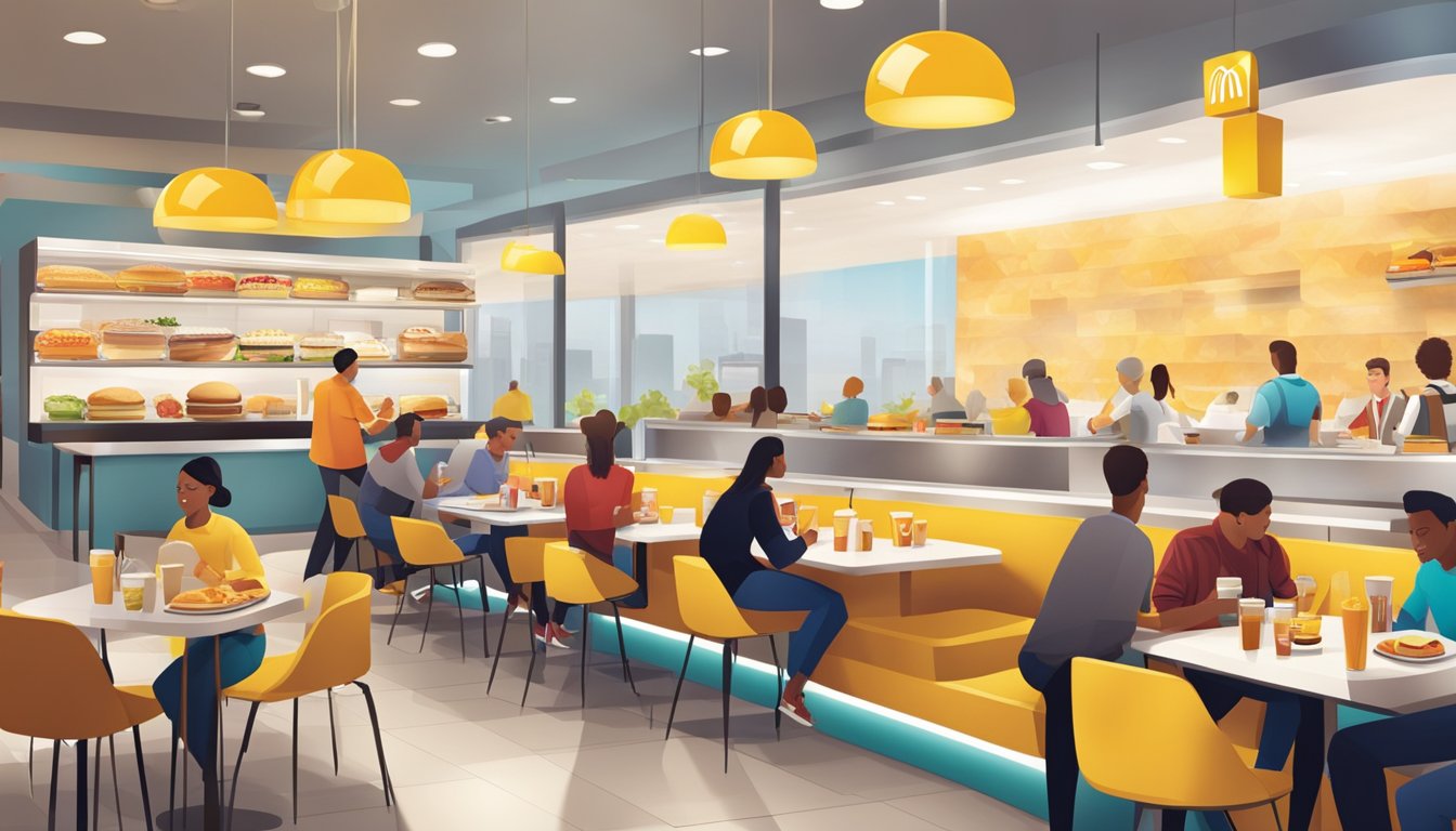 A bustling McDonald's breakfast scene with customers enjoying their meals in a modern, sleek fast-food restaurant design