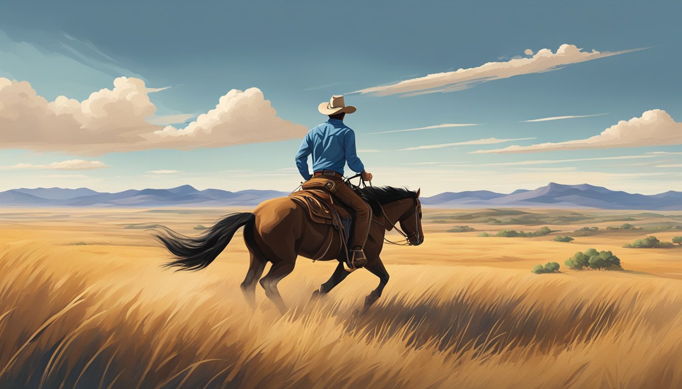 A lone cowboy rides across the vast Texas plains, with a backdrop of rolling hills and a big, open sky