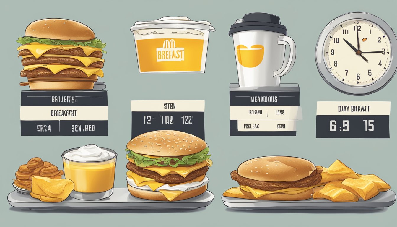 A McDonald's breakfast menu displayed with a clock showing different times of day, emphasizing the concept of "Breakfast All Day."