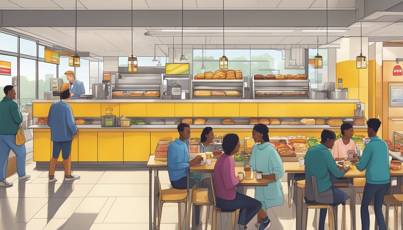 A bustling McDonald's breakfast scene with a modern, sustainable design and a streamlined supply chain in action