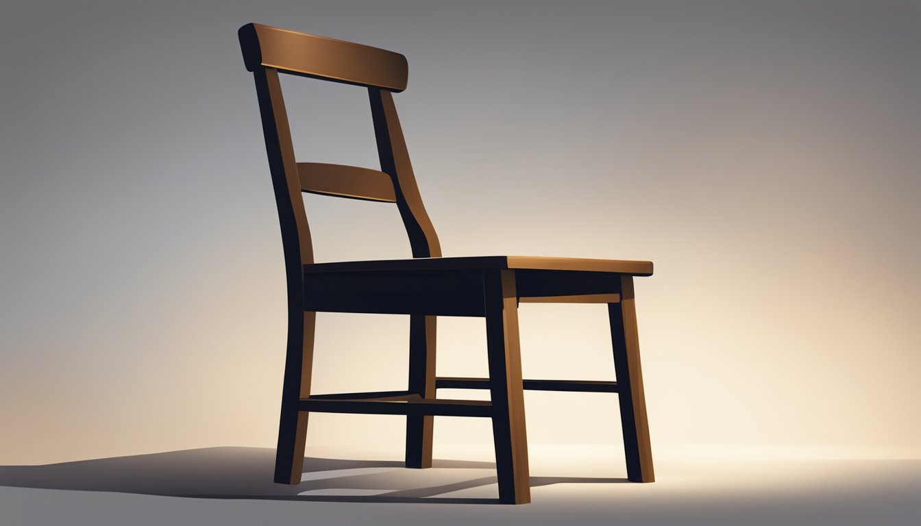 A lone wooden chair sits on a stage under a spotlight, surrounded by darkness. Its simple, sturdy frame exudes a sense of quiet strength and timeless elegance