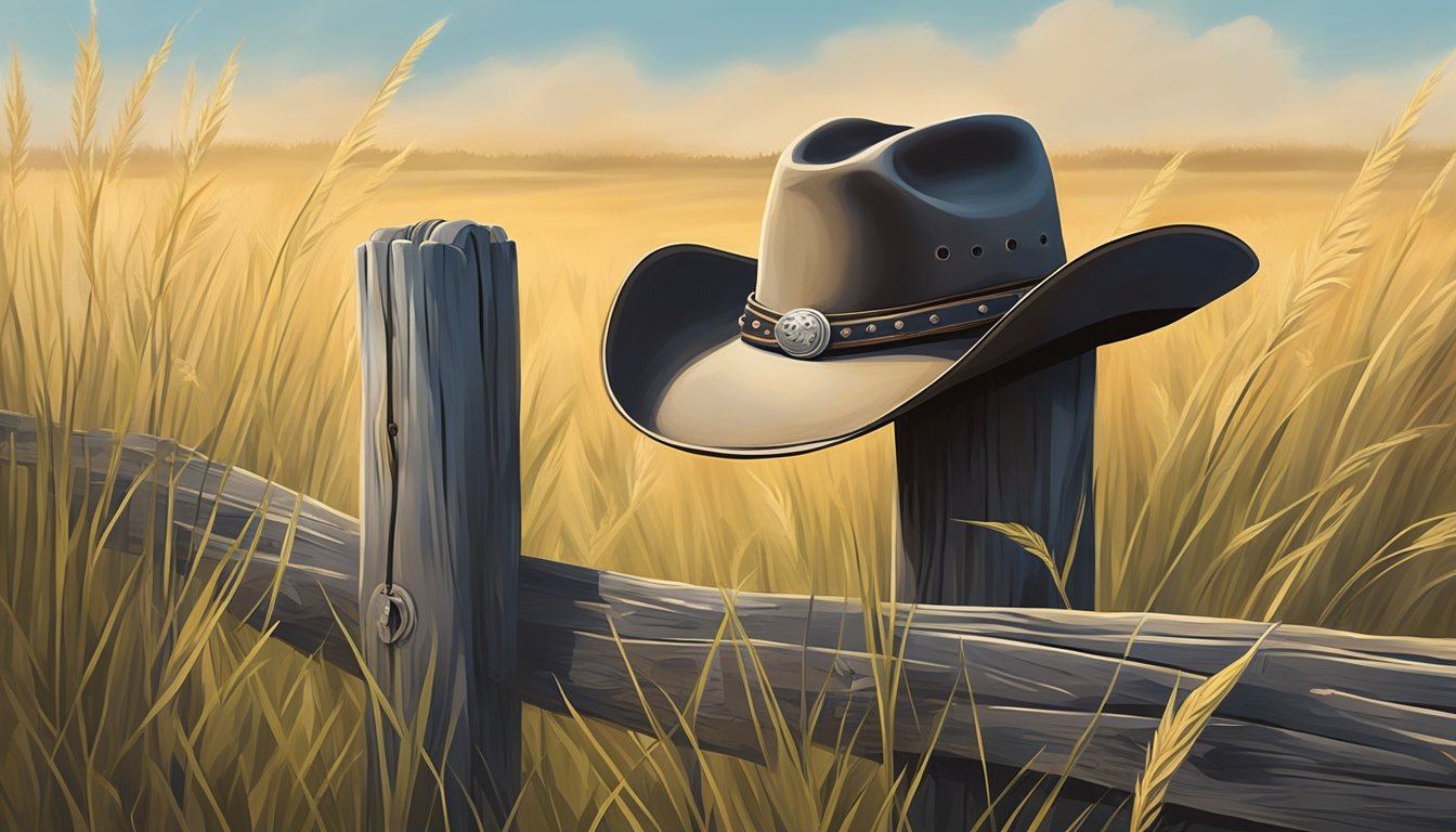 A lone cowboy hat rests on a weathered fence post, surrounded by tall grass swaying in the breeze