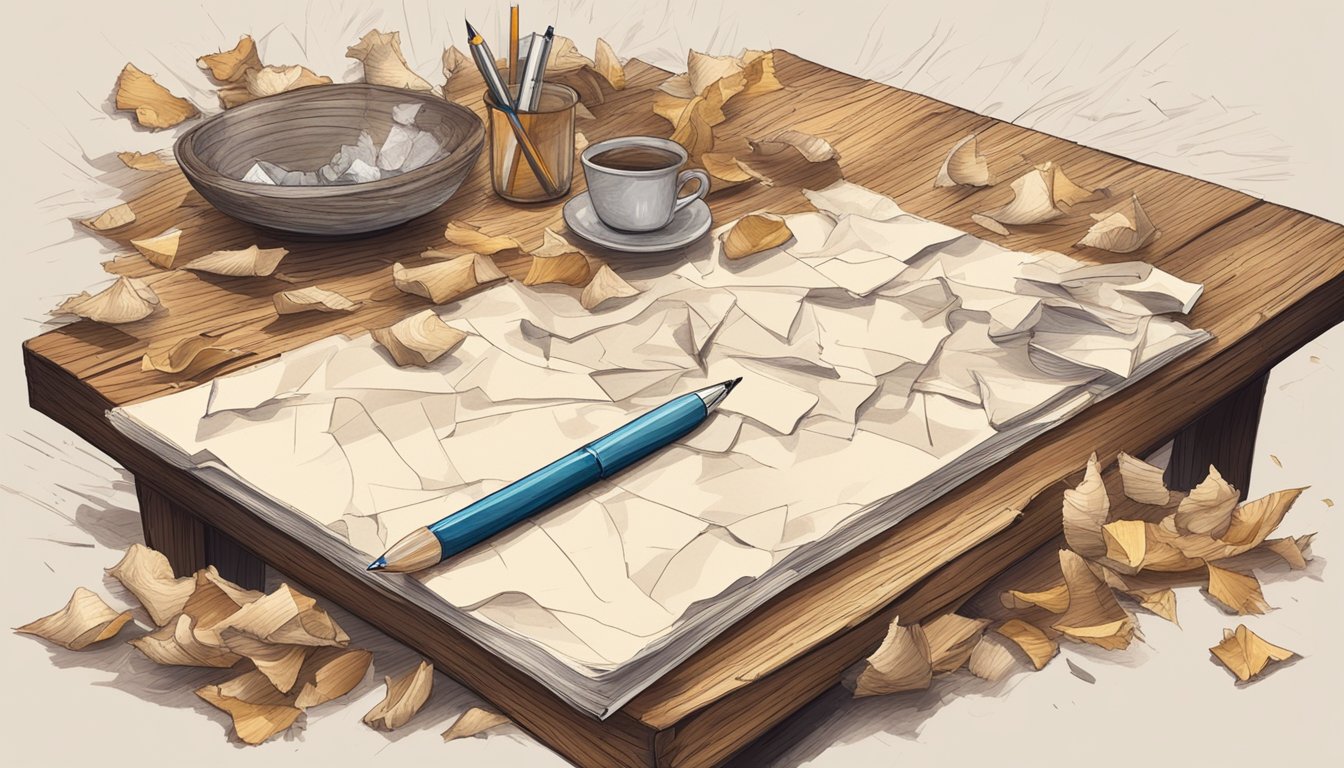 A rustic wooden table with a pen lying on top, surrounded by crumpled paper and scattered pencil shavings