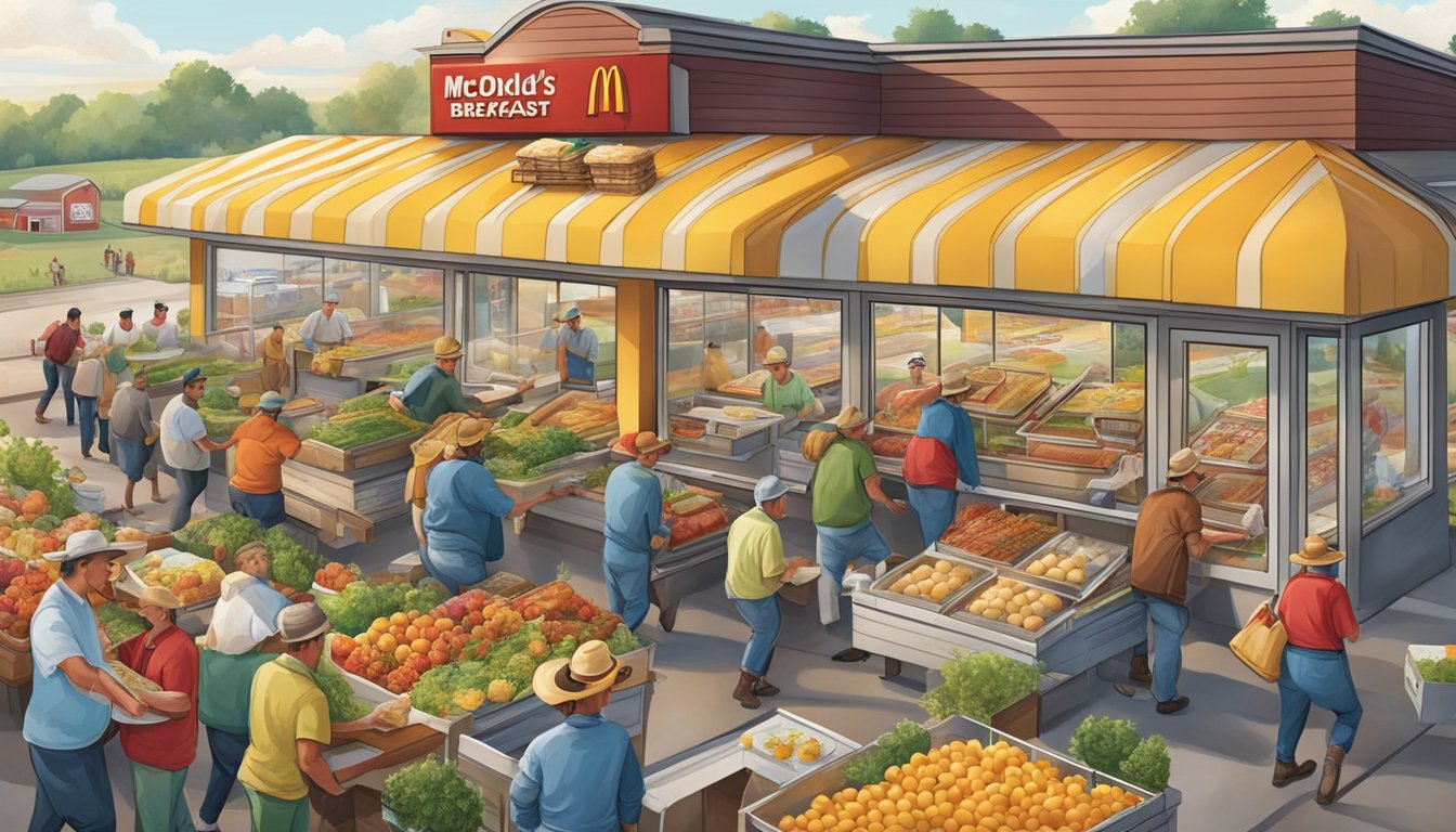 A bustling McDonald's breakfast rush, with farmers delivering fresh produce and eggs, showcasing the impact of American agriculture on the fast-food industry