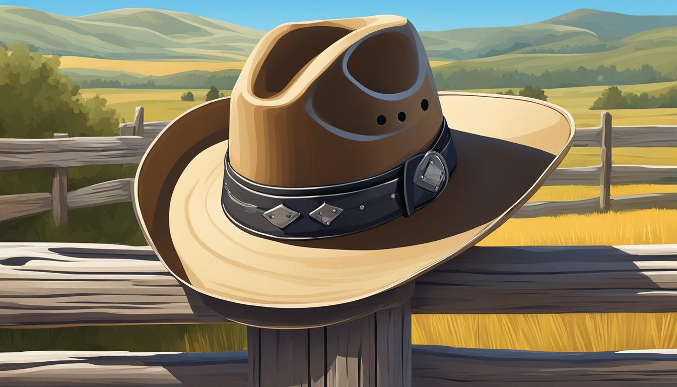 A cowboy hat resting on a weathered wooden fence post, surrounded by rolling hills and a clear blue sky