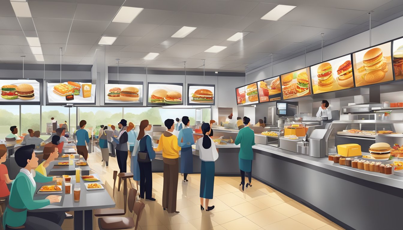 A bustling McDonald's restaurant with a display of breakfast items, employees serving customers, and corporate professionals discussing catering options