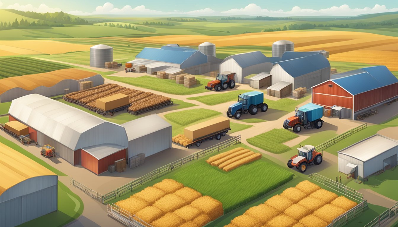 A sprawling farm with fields of wheat and potato, a dairy farm with grazing cows, and a bustling distribution center with trucks loading and unloading crates of produce