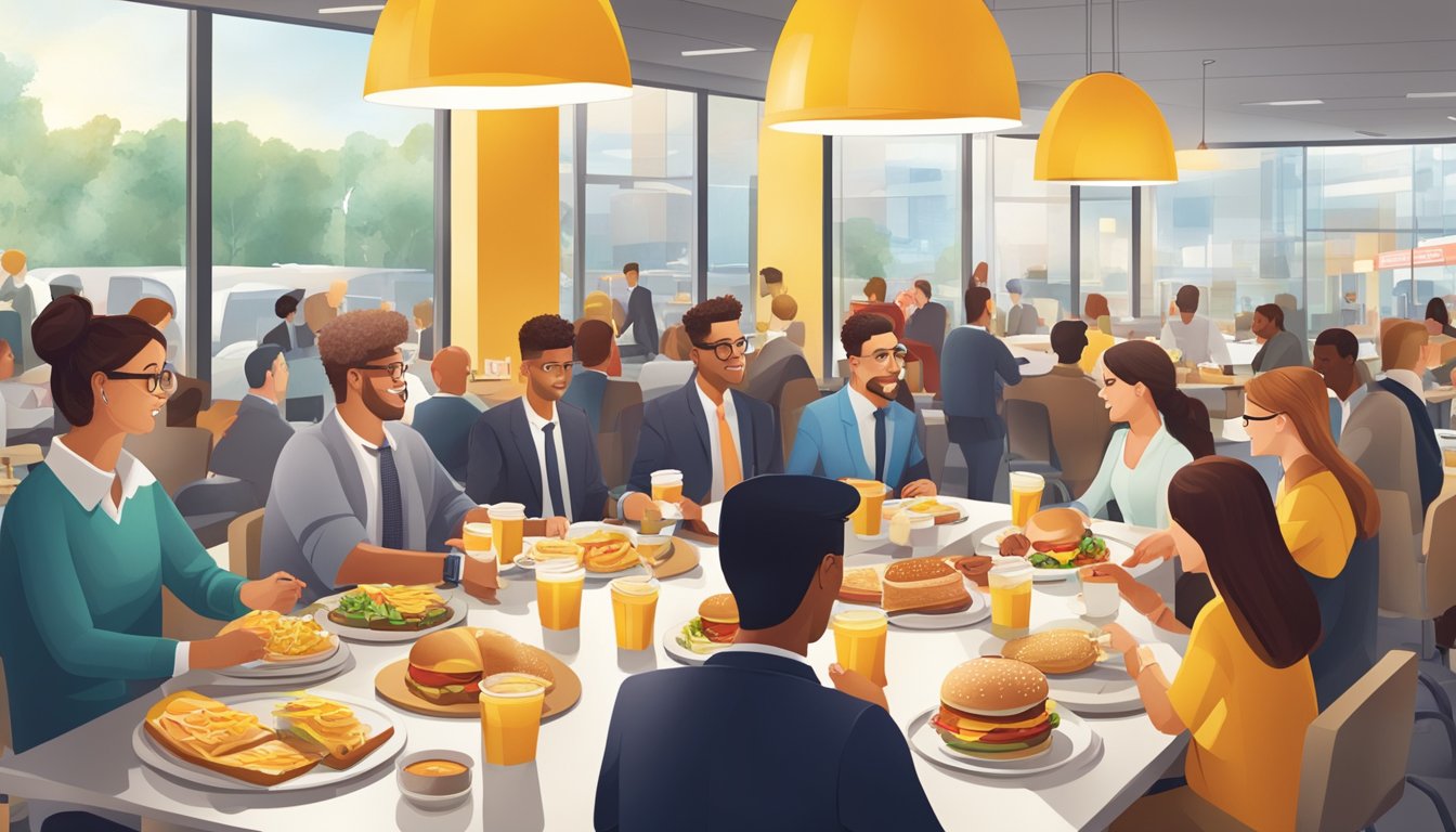 A bustling McDonald's breakfast scene with corporate professionals enjoying their meals while discussing marketing and branding strategies