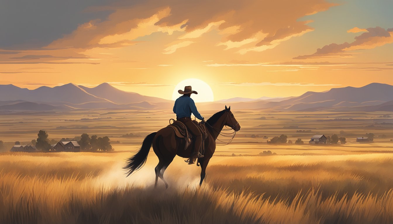 A lone cowboy riding through a vast open prairie, with a backdrop of a setting sun and a small town in the distance