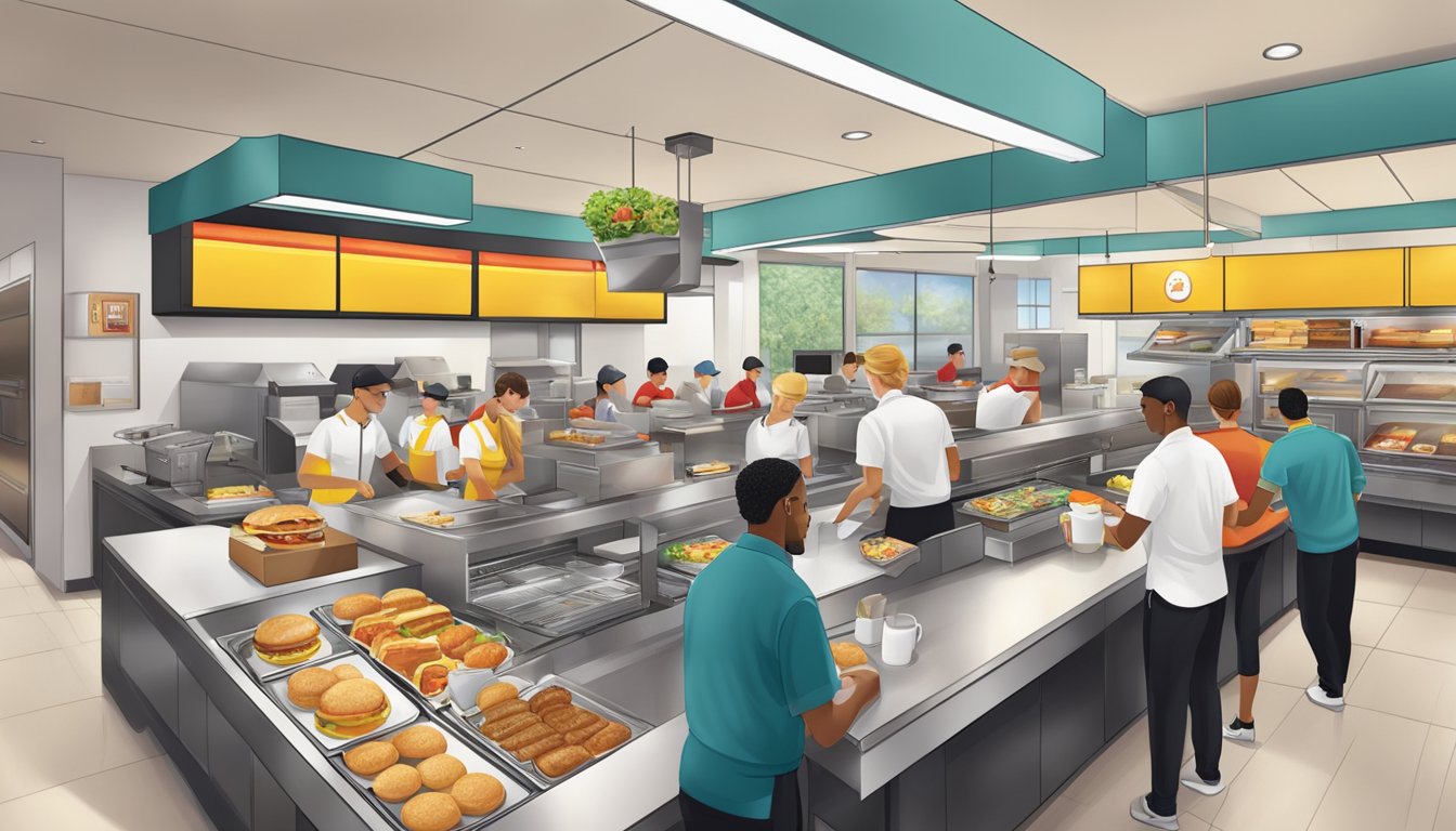 A bustling McDonald's breakfast service with employees efficiently preparing and serving food to a line of corporate customers