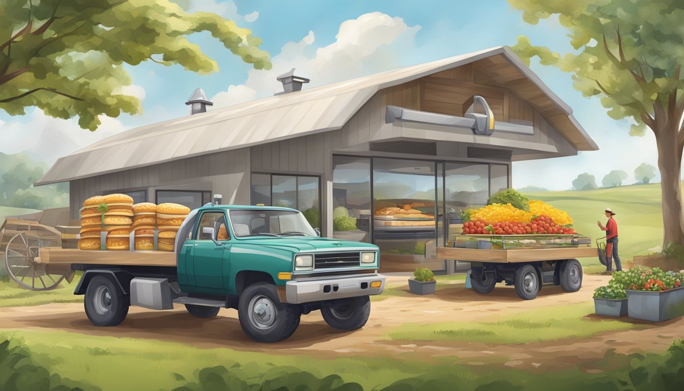 A modern farm with advanced machinery and technology. A McDonald's breakfast being delivered to the farm