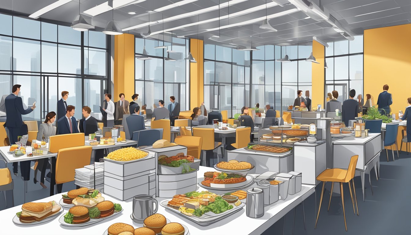 A bustling office building with a McDonald's breakfast spread set up for a corporate catering event, with business professionals networking and discussing opportunities